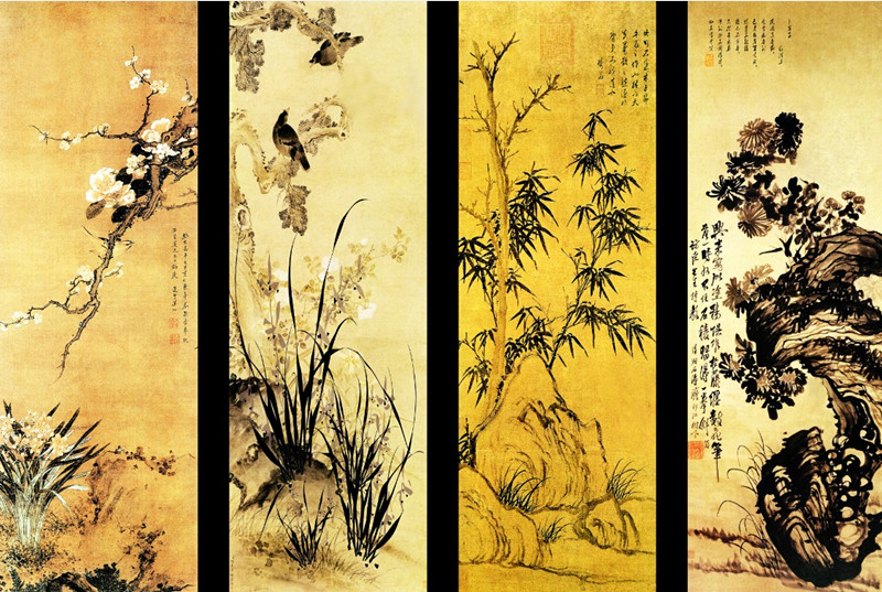 陶瓷背景墙-梅兰竹菊（玄关背景墙/中式玄关瓷艺画）